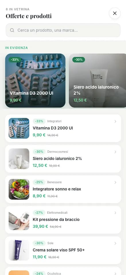 Schermata offerte e prodotti nell’app paziente